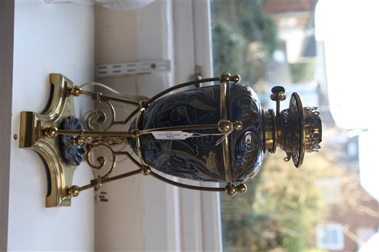 Mark V. Marshall for Doulton Lambeth- a stoneware oil lamp circa 1882, height to oil lamp fitting 42cm, excluding glass shade and chimn